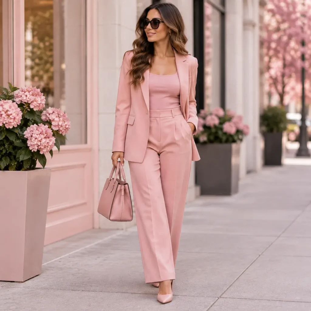 Woman wearing a monochrome millennial pink outfit with matching blazer and accessories in a modern fashion style