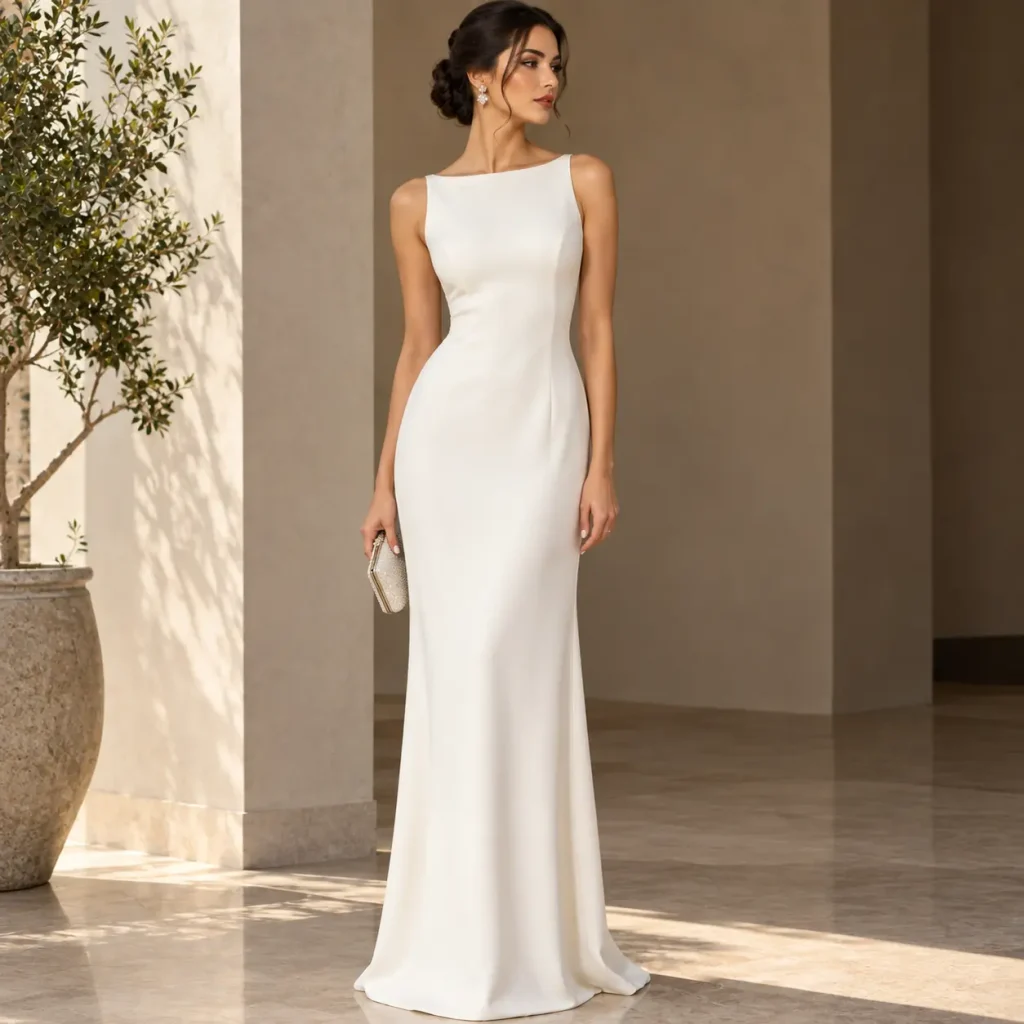 Elegant minimalist ivory column dress with a sleek floor-length silhouette