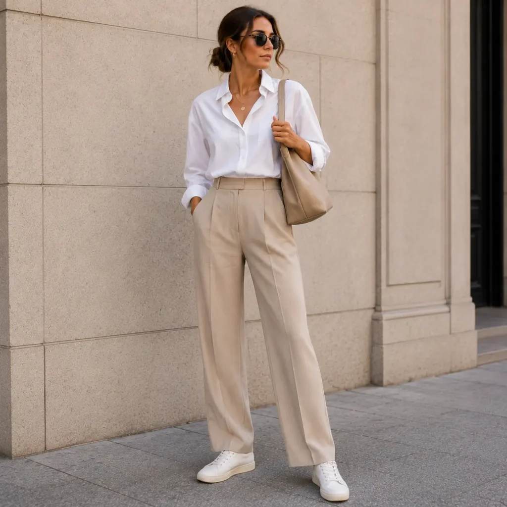 Woman wearing minimalist white sneakers with tailored beige trousers and a white shirt