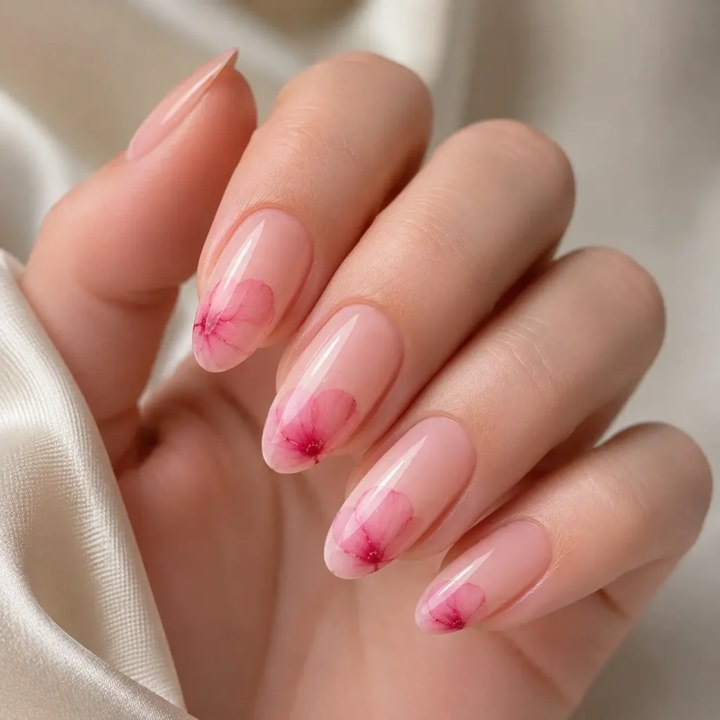 Minimalist single-petal blooming gel nails with delicate pink floral accents