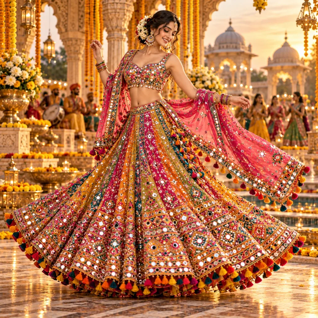 Colorful mirror work lehenga with traditional embellishments for festive celebrations and dance events