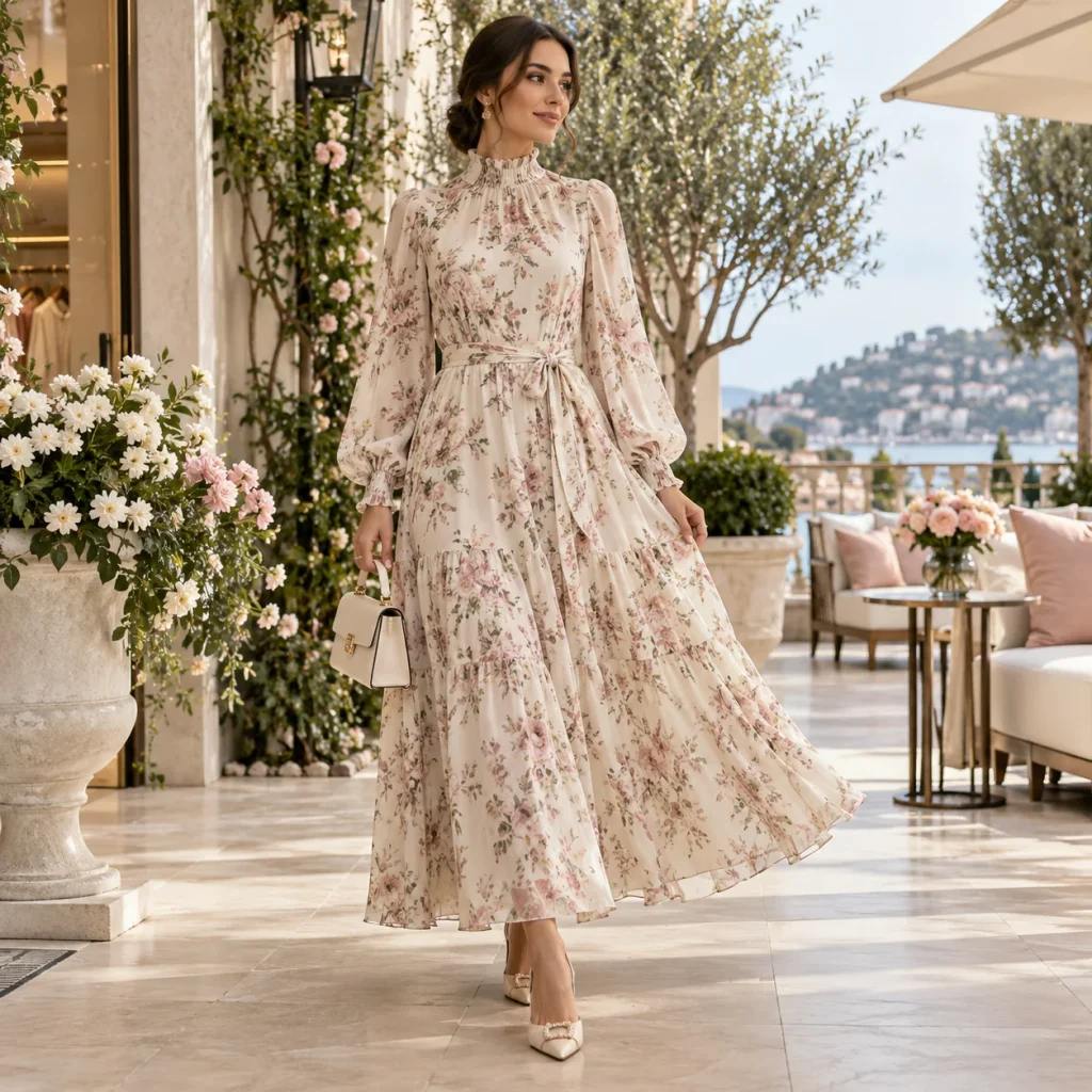 Woman wearing a modest floral maxi dress with long sleeves and an elegant covered style
