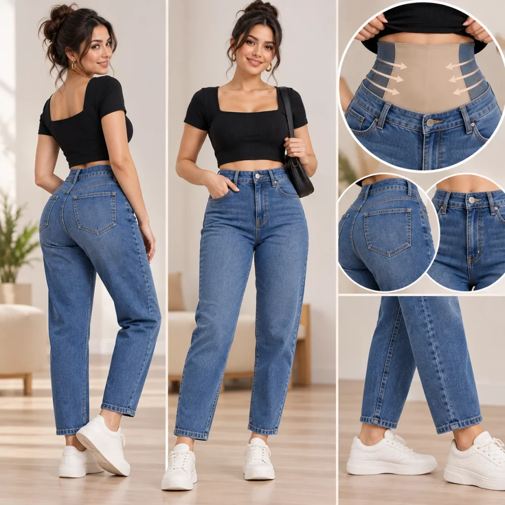 Woman wearing relaxed mom jeans with tummy control waistband and casual sneakers.