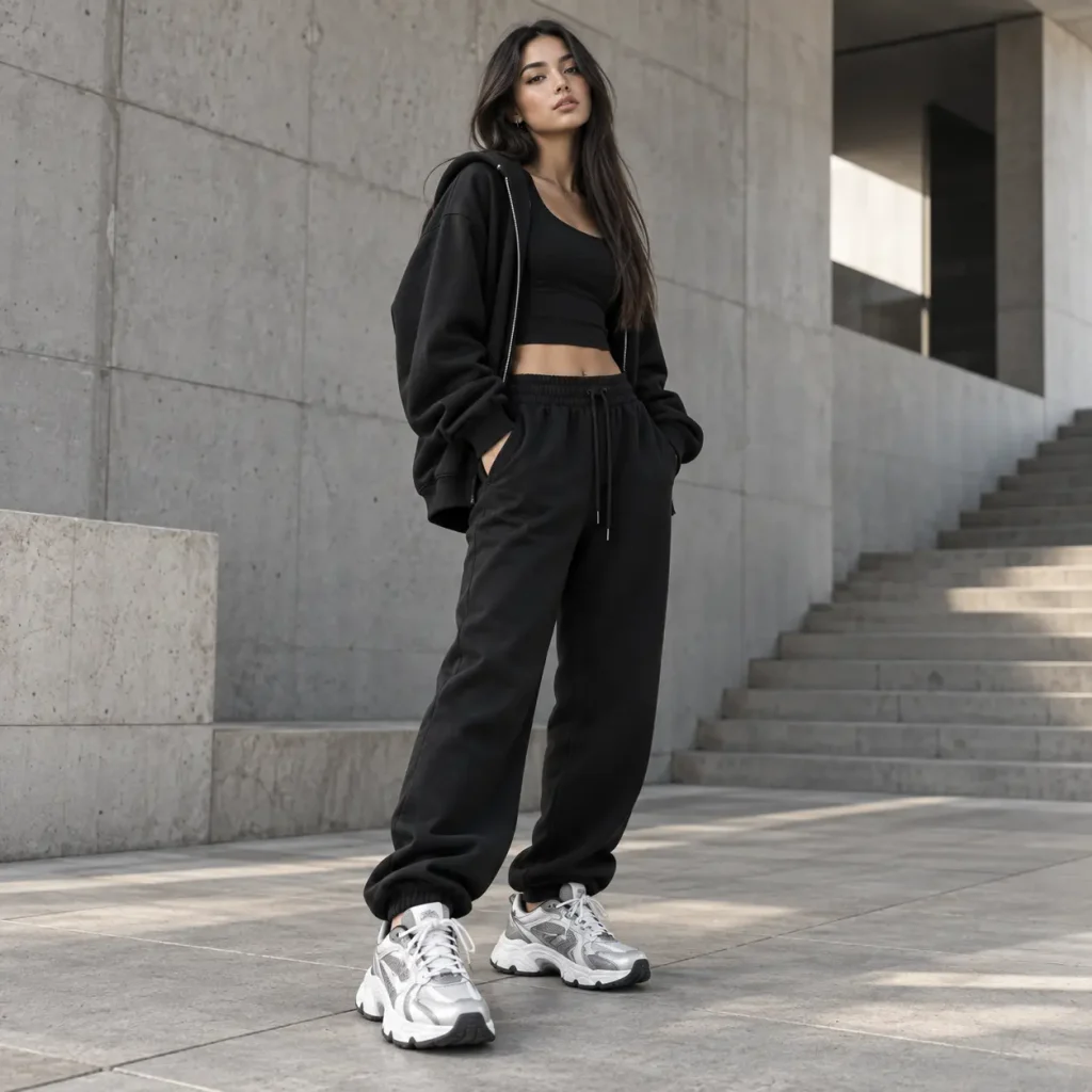 Woman wearing black monochrome athleisure with cropped top, loose sweatpants and chunky statement sneakers