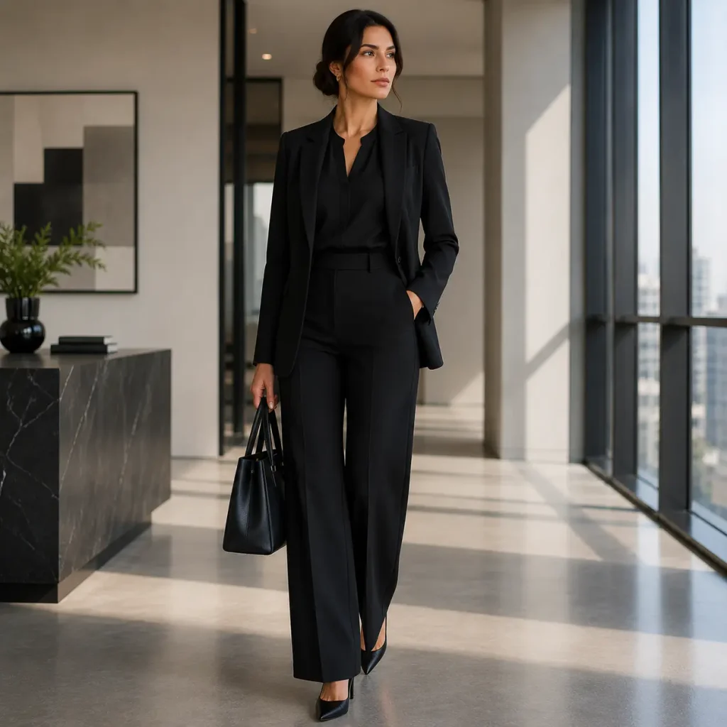 Woman wearing a sleek all-black monochrome power dressing outfit with tailored blazer and trousers