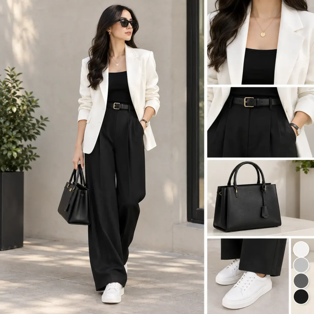 Monochrome black and white outfit on a woman with a white blazer, black trousers, handbag, and white sneakers