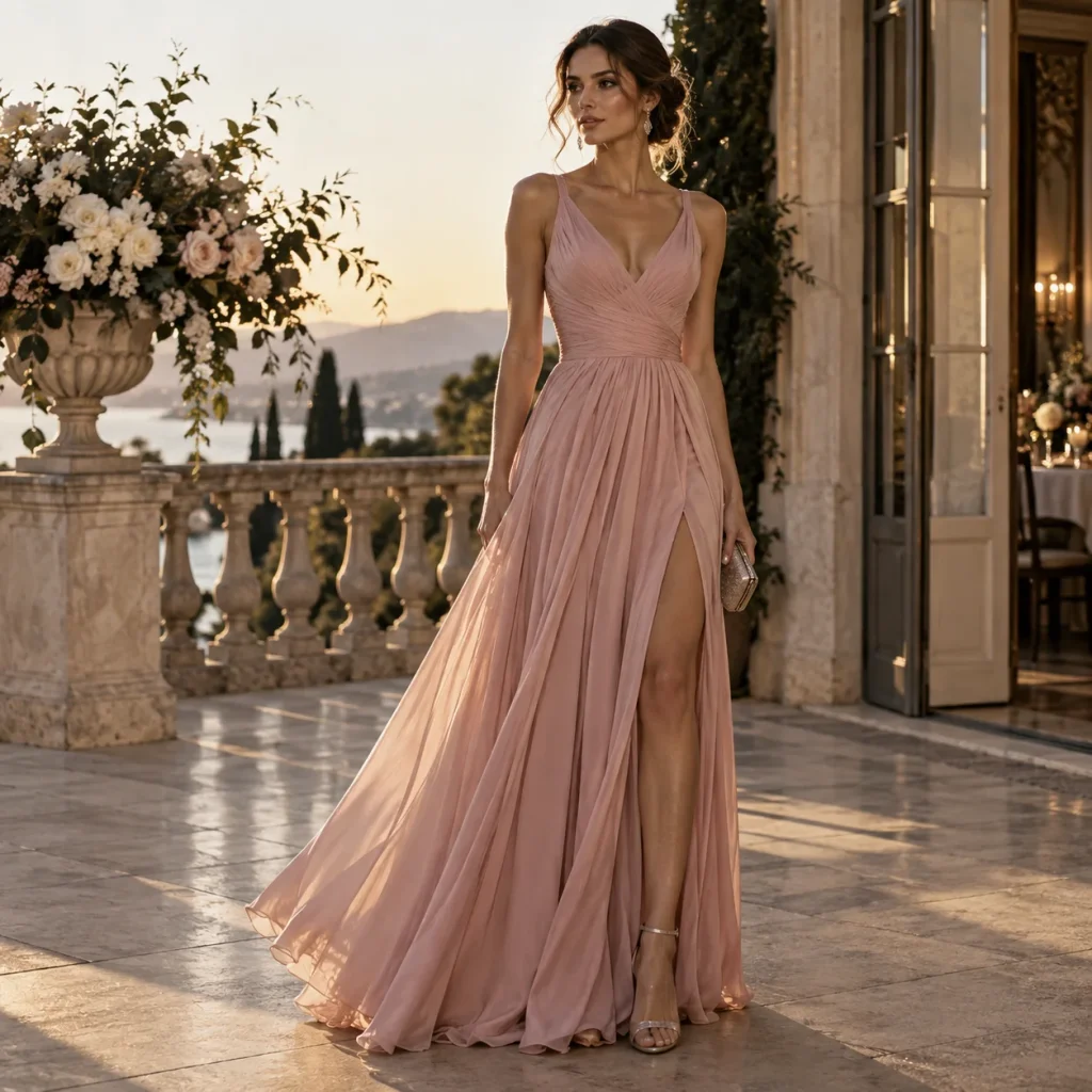 Woman wearing an elegant blush pink occasionwear gown at a luxury outdoor evening venue