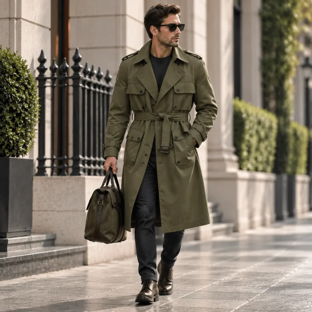 Olive green utility-inspired trench coat with military style details worn in a modern street fashion look