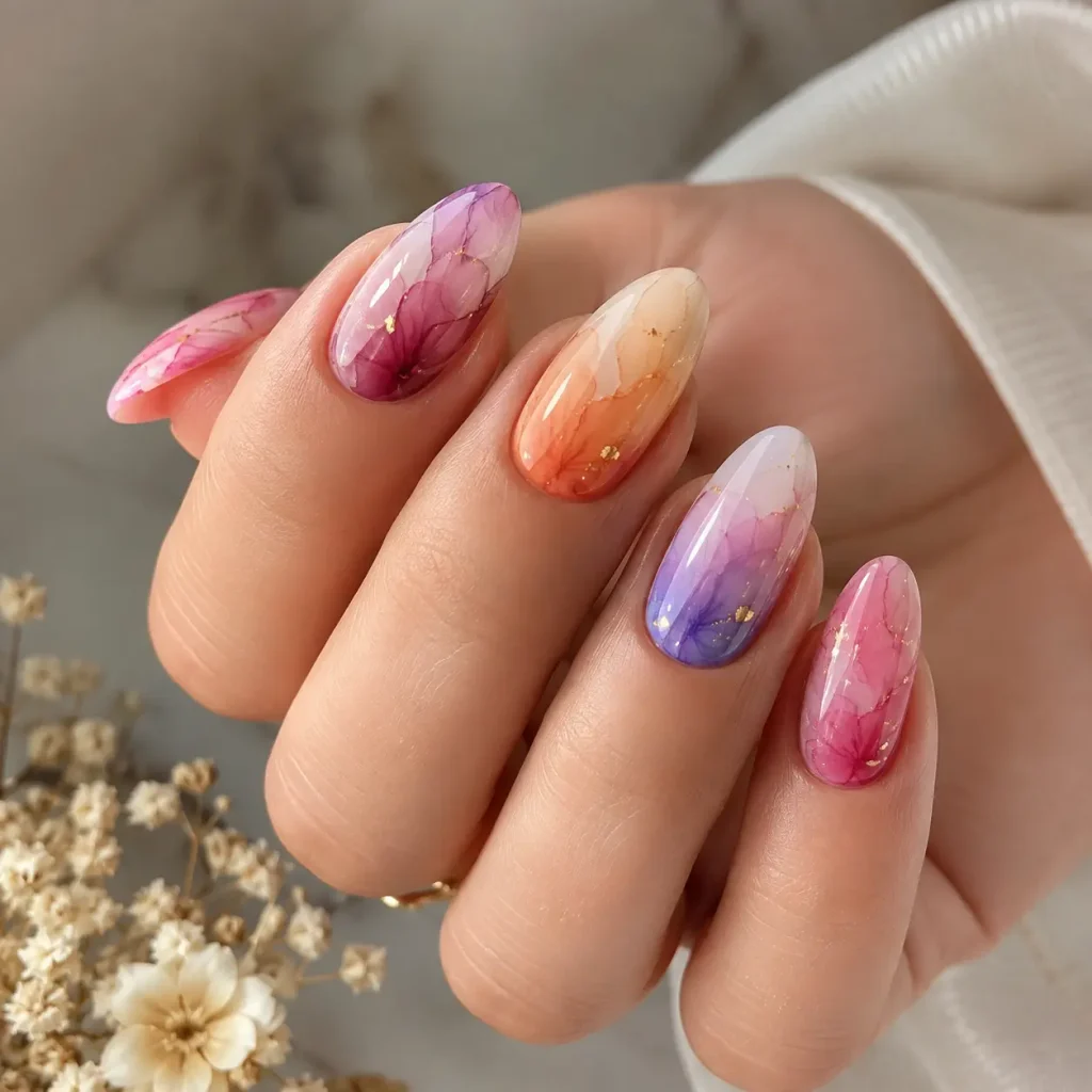 Ombre bloom nails with soft pink and purple blooming gel gradient