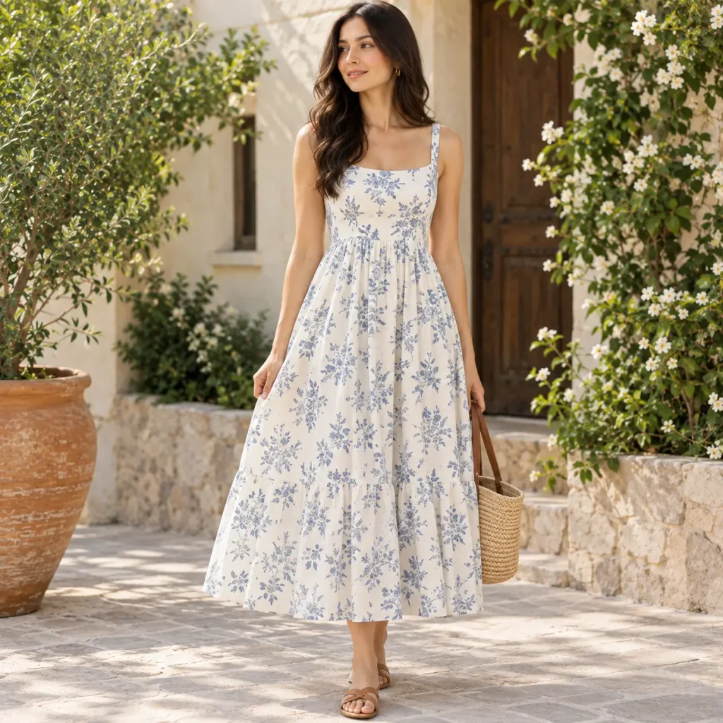 Lightweight organic cotton sundress with a blue floral print and breezy summer silhouette