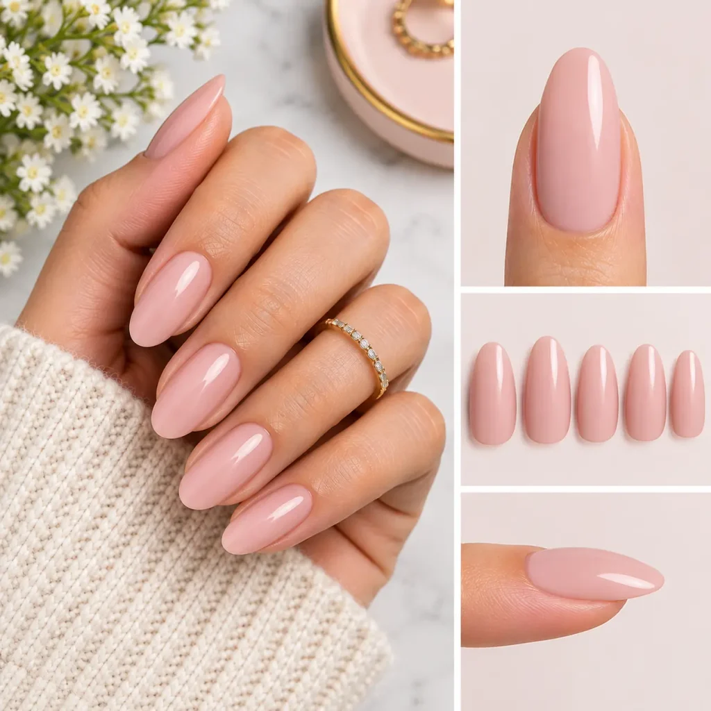 Glossy blush-pink oval-shaped nails with softly rounded edges