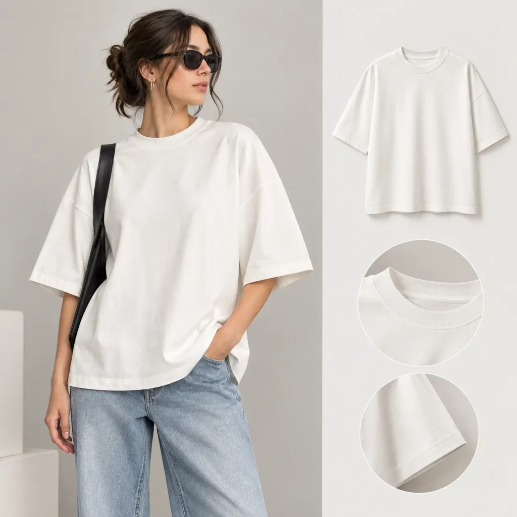 Woman wearing an oversized boxy white T-shirt with light-wash jeans and a black shoulder bag, highlighting the relaxed fit and soft fabric details.