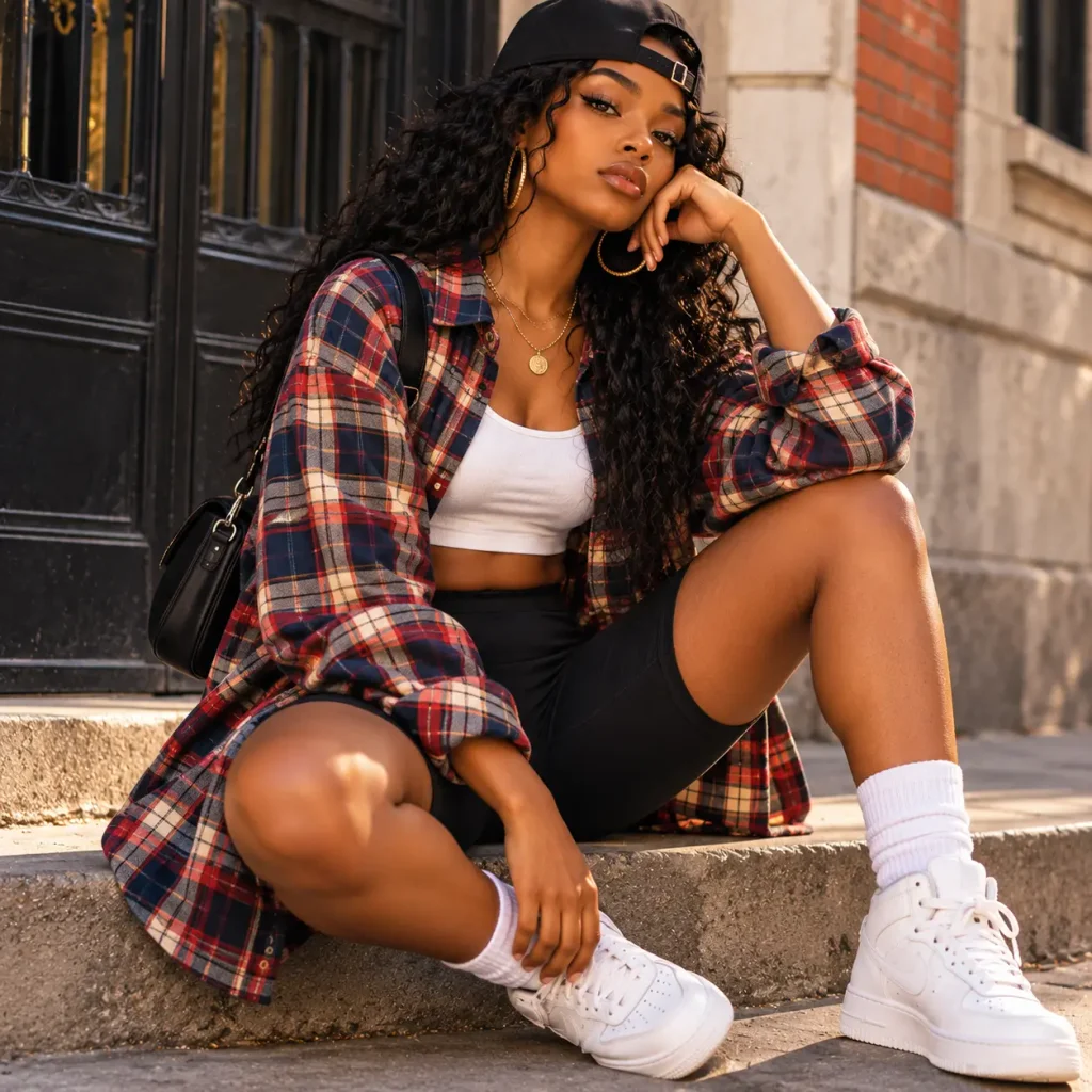 Black woman wearing an oversized plaid flannel, white crop top and black bike shorts in a casual 90s tomboy outfit.
