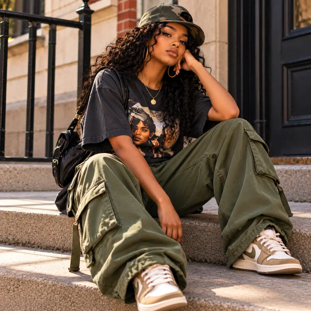 Black woman wearing an oversized graphic T-shirt, olive cargo pants and sneakers in a casual 90s hip hop tomboy outfit.