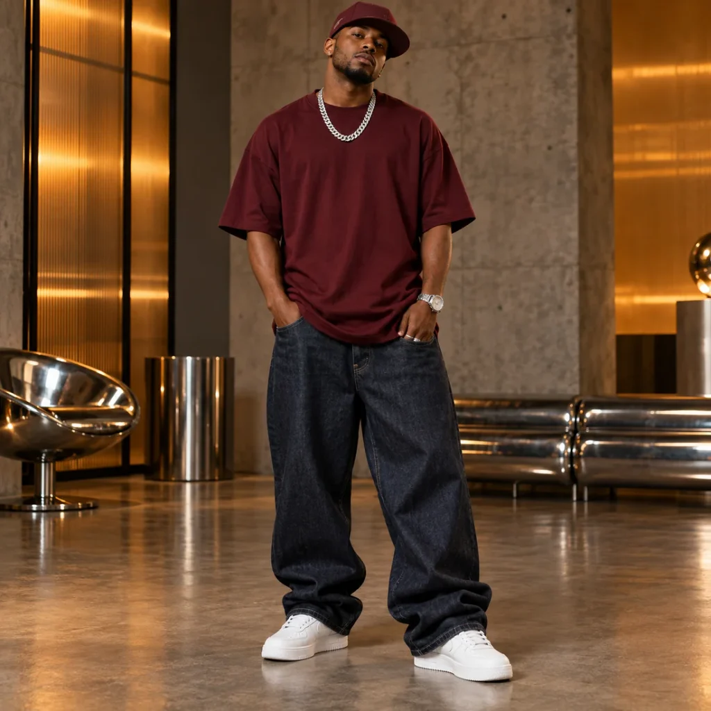Man wearing an oversized burgundy T-shirt with baggy dark-wash jeans