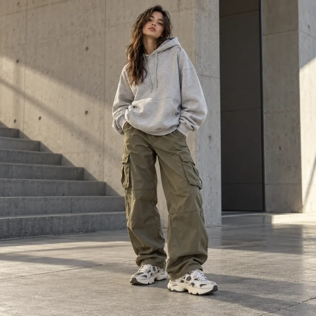 Gen Z streetwear outfit with oversized gray hoodie, loose cargo pants and chunky sneakers