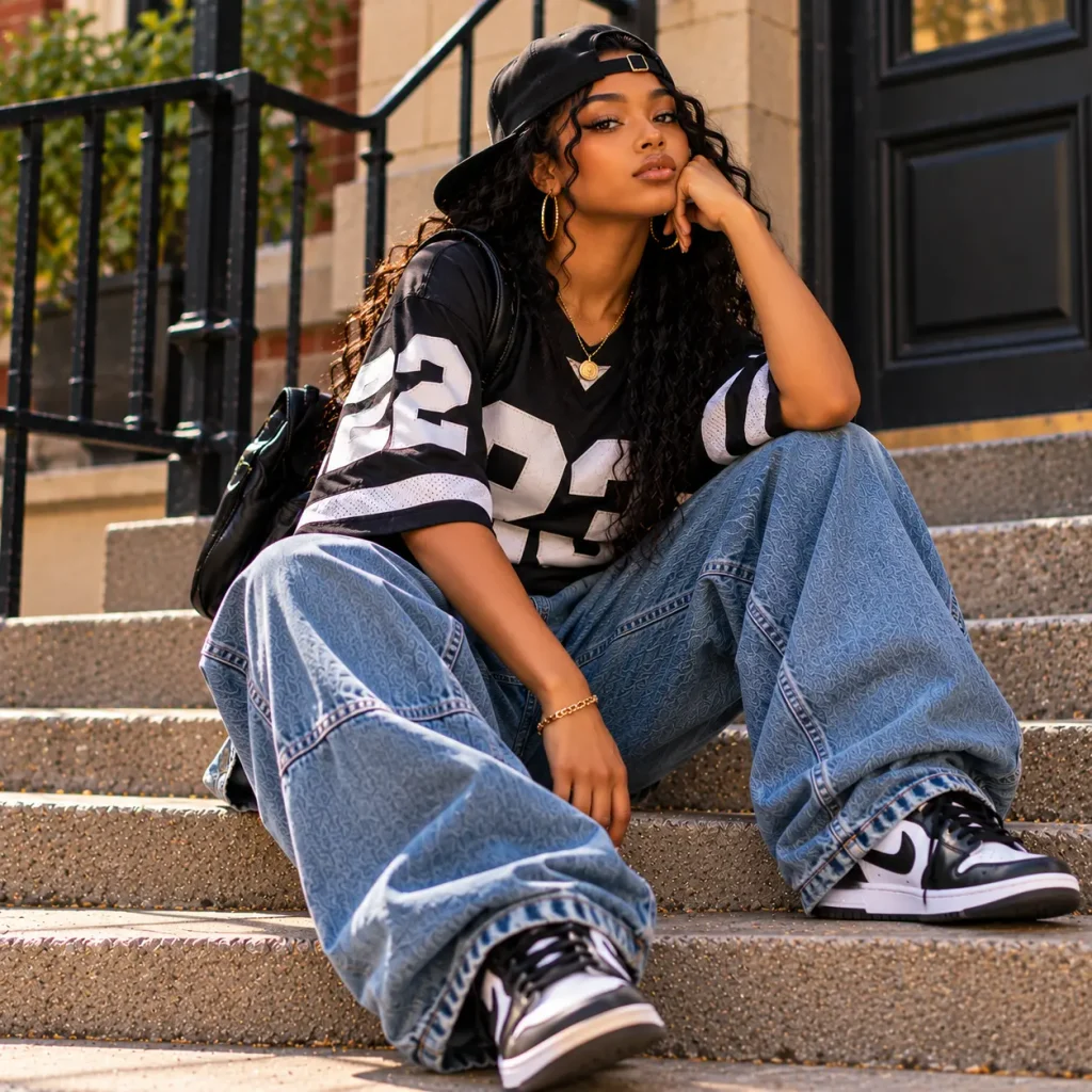 Black woman wearing an oversized sports jersey, baggy blue jeans and sneakers in a 90s hip hop tomboy streetwear outfit.