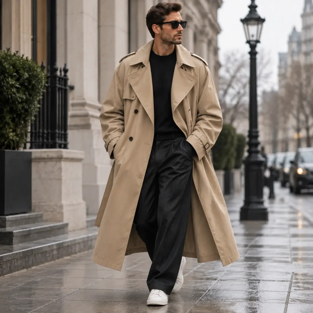 Oversized beige trench coat with relaxed fit worn by a man in contemporary street style fashion