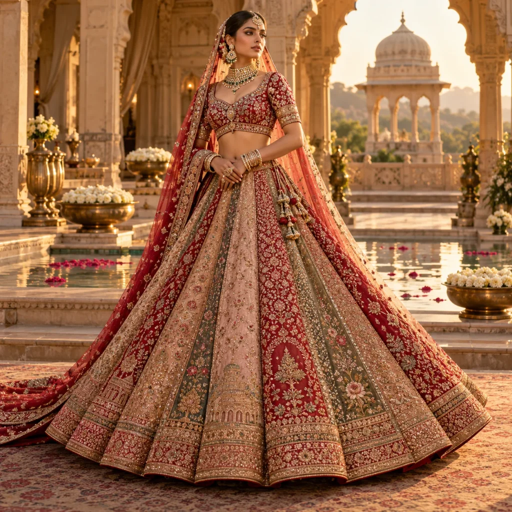 Designer panelled lehenga featuring multiple embroidered fabric panels in a luxurious bridal outfit style