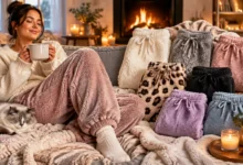 Cozy fluffy pants collection featuring soft fleece, sherpa, and plush loungewear styles in a warm winter home setting