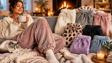 Cozy fluffy pants collection featuring soft fleece, sherpa, and plush loungewear styles in a warm winter home setting