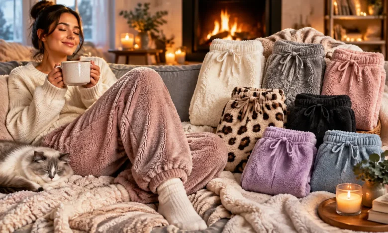 Cozy fluffy pants collection featuring soft fleece, sherpa, and plush loungewear styles in a warm winter home setting