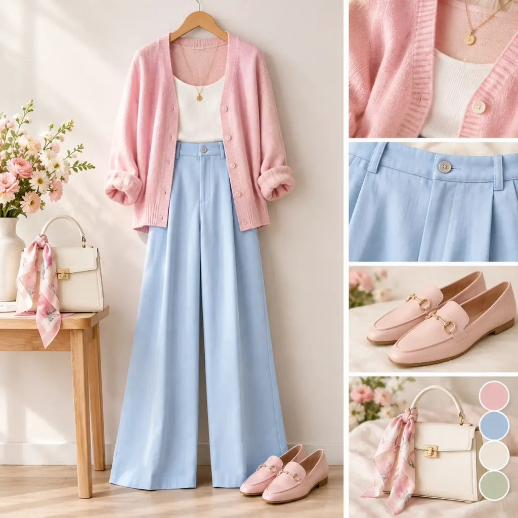 Pastel color combination outfit featuring a pink cardigan, powder blue wide-leg pants, and pink loafers