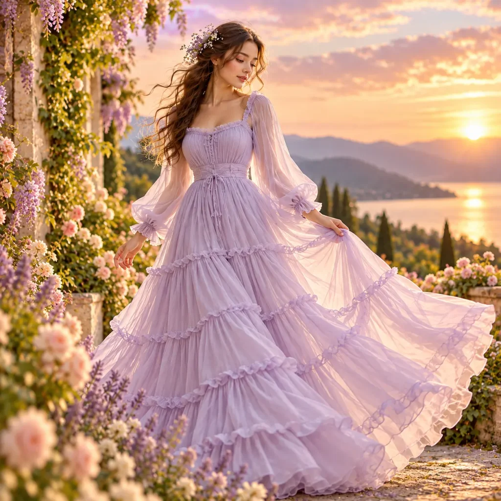 Pastel lavender tiered dress with ruffled layers and flowing chiffon skirt in a dreamy sunset garden