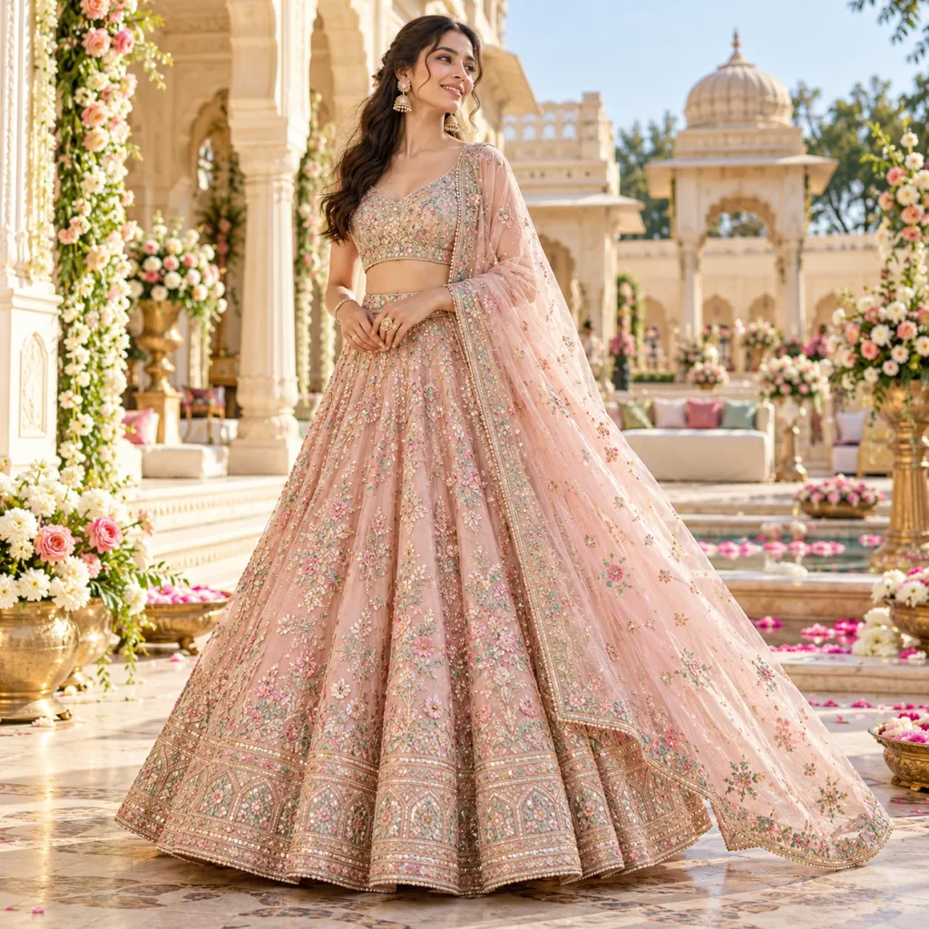 Soft pastel pink lehenga with delicate embroidery styled for a daytime wedding function