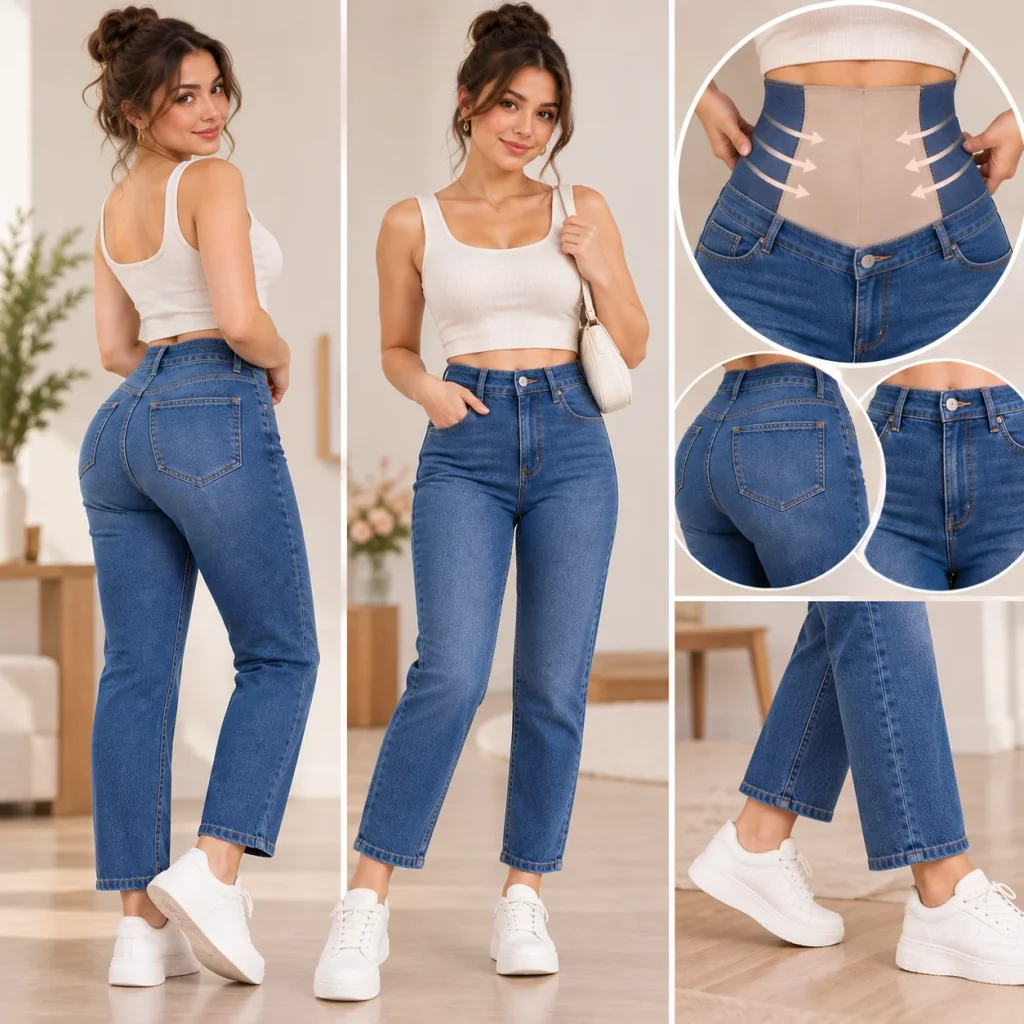 Petite woman wearing cropped tummy control jeans designed for a shorter frame.