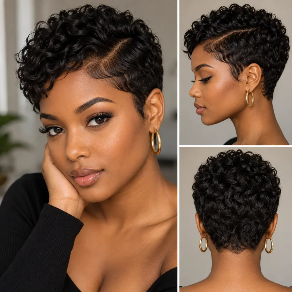 Black woman with a short natural curly pixie cut shown from multiple angles