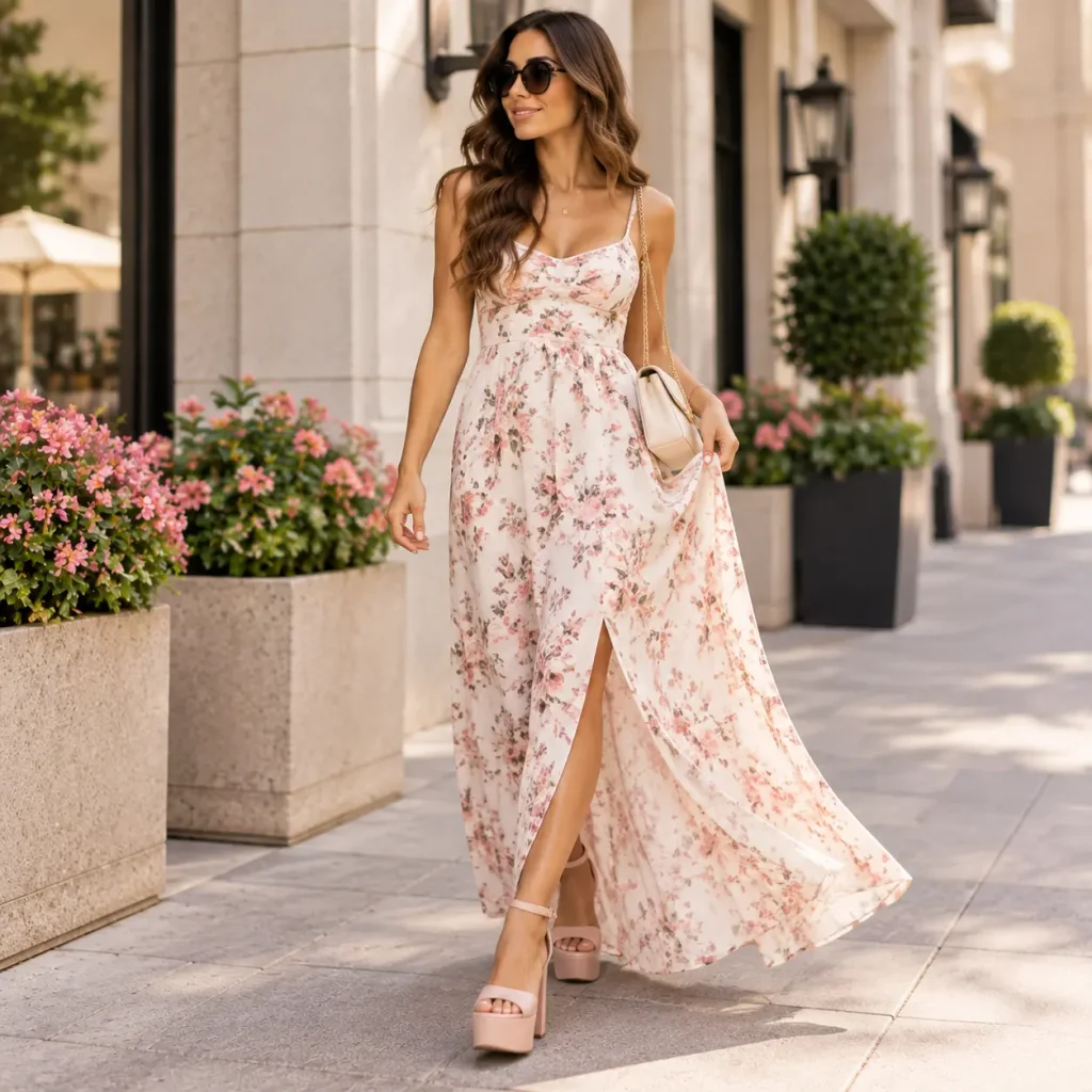 Woman wearing a floral maxi dress with platform sandals for a retro inspired millennial summer fashion look