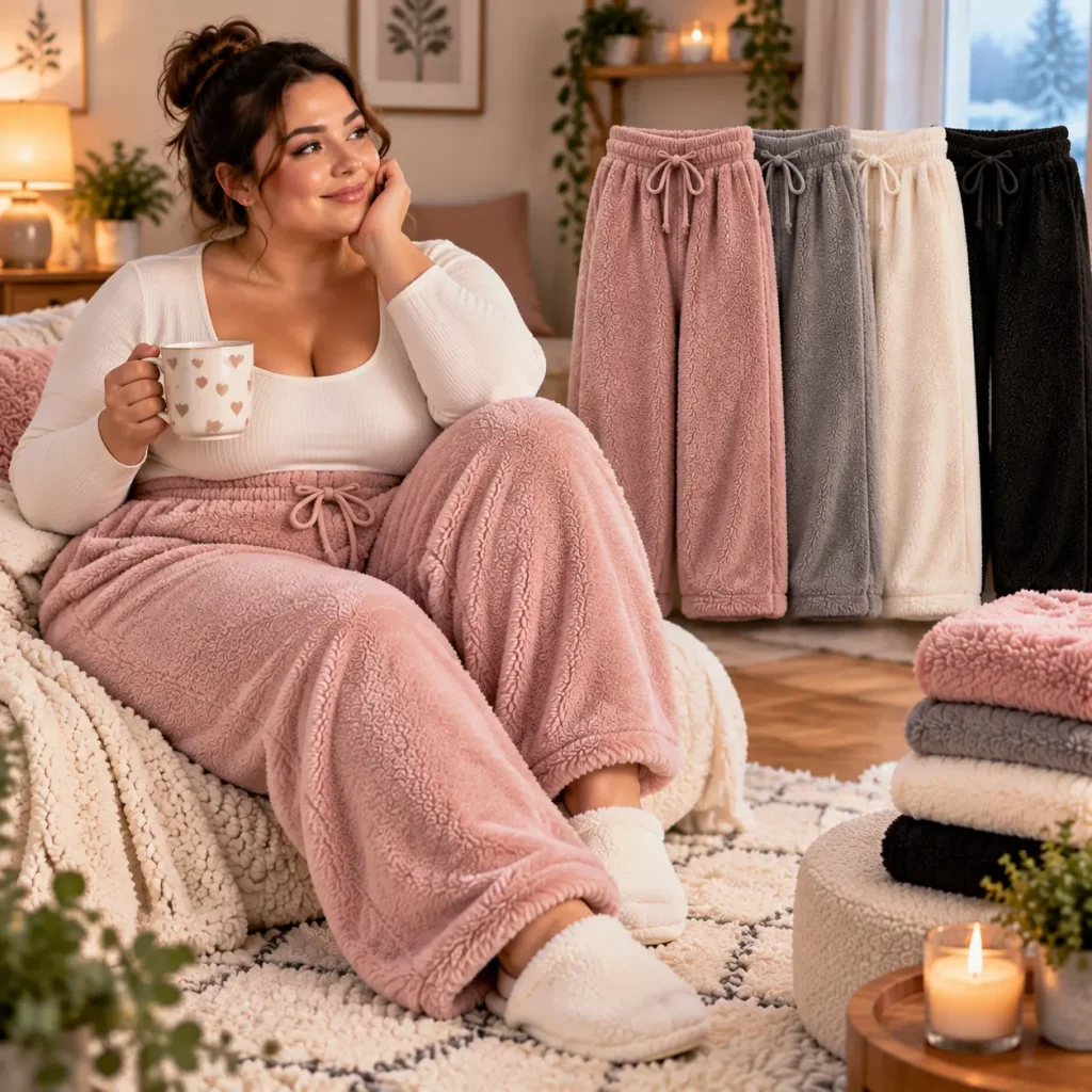 Plus size fluffy pants in a comfortable plush fabric shown on a plus-size model in a cozy home setting