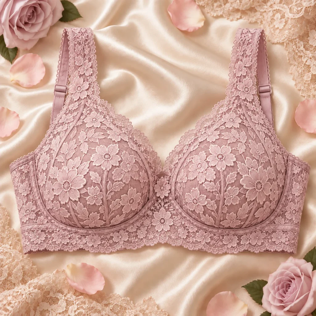 Plus size lace bra featuring full floral lace coverage, supportive design, and elegant lingerie details.