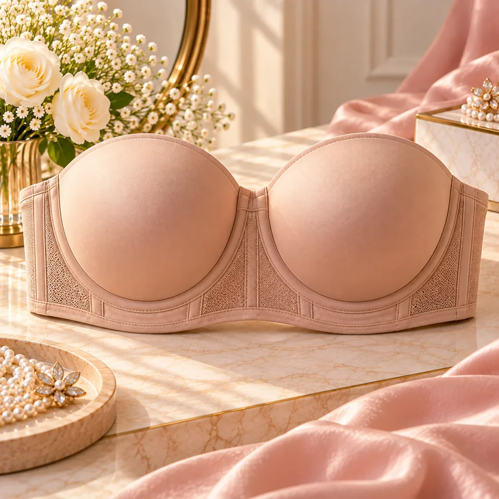 Nude plus size strapless bra with full-coverage molded cups, wide supportive band and reinforced side panels.