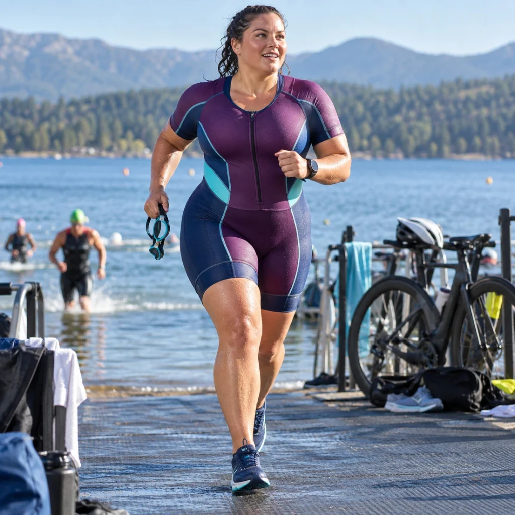 Plus-size female triathlete running in a supportive performance tri suit