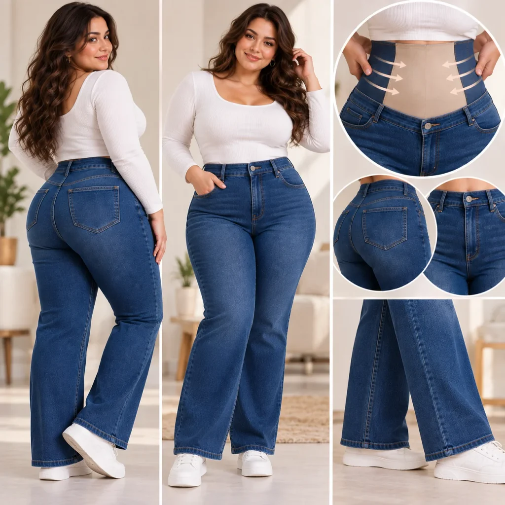 Plus-size woman modeling high-waisted tummy control jeans with a flattering fit.