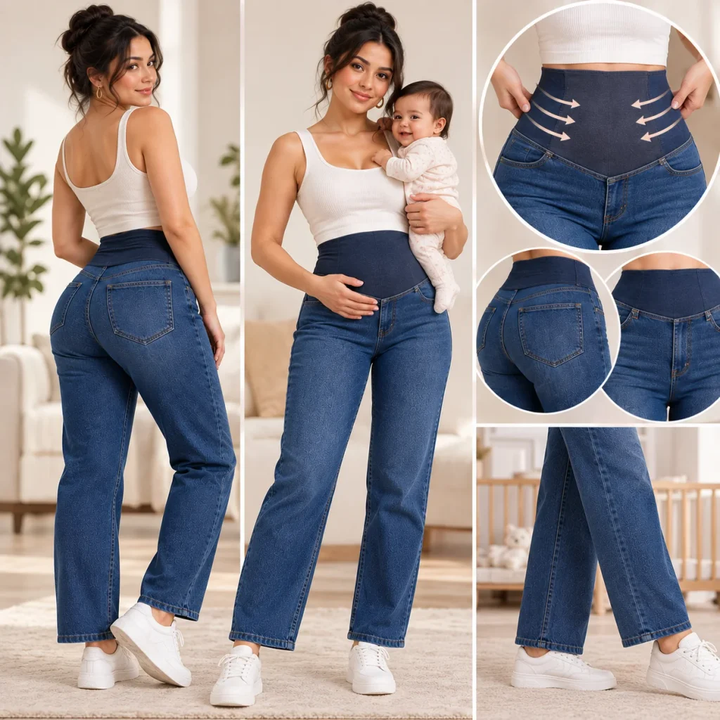 Woman wearing postpartum-friendly tummy control jeans with a supportive high waistband.