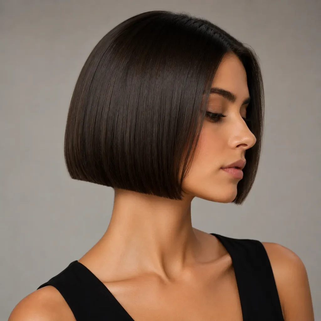 Precision jawline micro bob with a sharp, structured edge around the chin