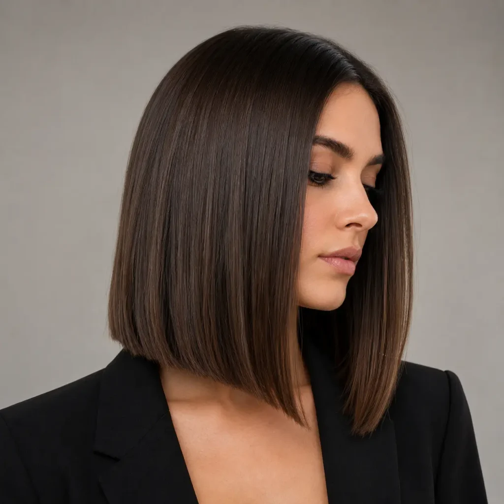 Precision lob haircut with a sleek, blunt shoulder-length perimeter