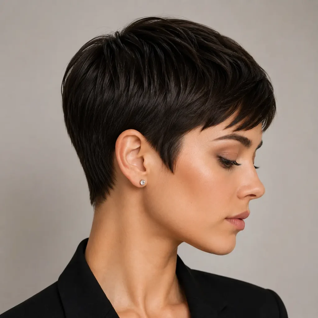 Precision pixie cut with a clean tapered neckline and structured short layers