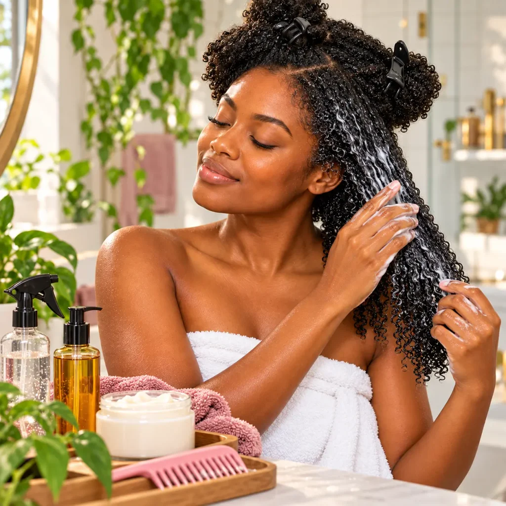 Black woman applying moisturizing cream to sectioned 4C hair with leave-in conditioner, oil, and deep moisture products nearby.