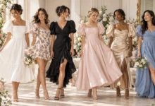 Romantic puff sleeve dresses collection featuring elegant feminine silhouettes, floral styles, satin gowns, and chic wedding guest outfits