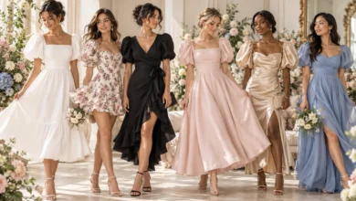Romantic puff sleeve dresses collection featuring elegant feminine silhouettes, floral styles, satin gowns, and chic wedding guest outfits