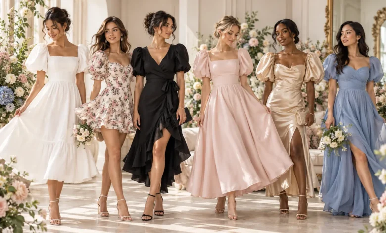 Romantic puff sleeve dresses collection featuring elegant feminine silhouettes, floral styles, satin gowns, and chic wedding guest outfits