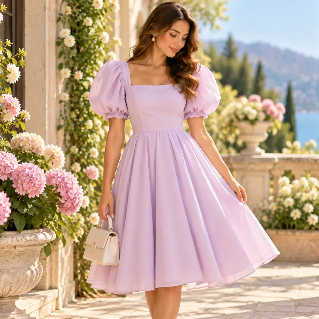 Pastel puff sleeve A-line dress with fitted waist and flowing skirt in a spring garden setting