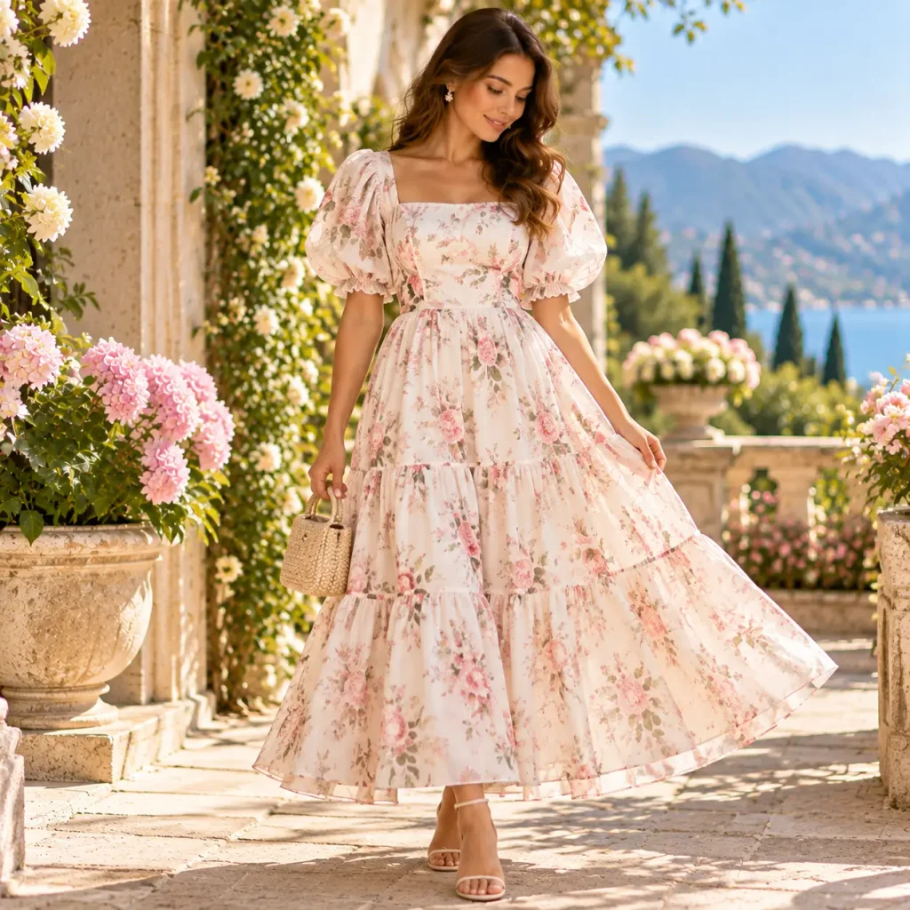 Floral puff sleeve maxi dress with tiered skirt and romantic bohemian style on a Mediterranean terrace