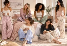Collection of women wearing comfortable pyjama pants in different fabrics and styles while relaxing in cozy bedroom settings.