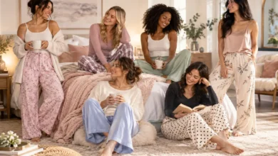 Collection of women wearing comfortable pyjama pants in different fabrics and styles while relaxing in cozy bedroom settings.