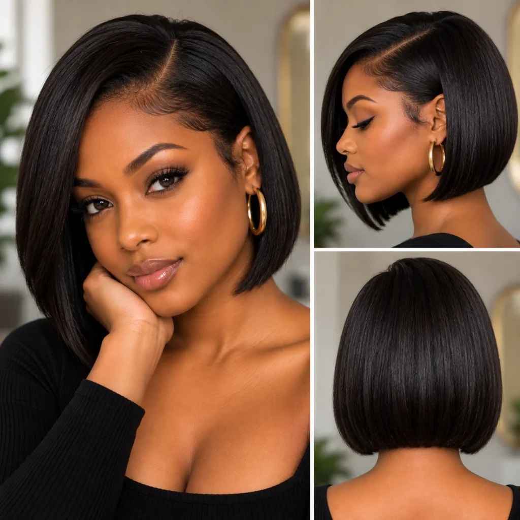 Black woman with a sleek relaxed short bob and side-parted hairstyle
